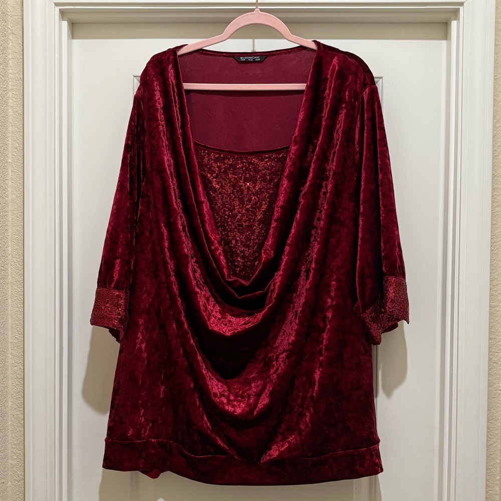 BloomChic Red Cowl 2-in-1 Sequin Patchwork Blouse